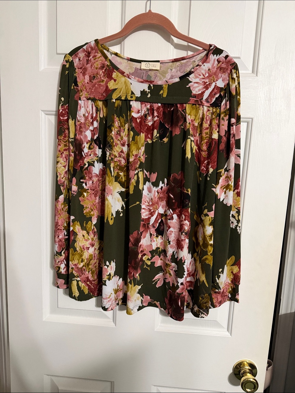 Olive Green Floral Long-Sleeve Peasant Blouse